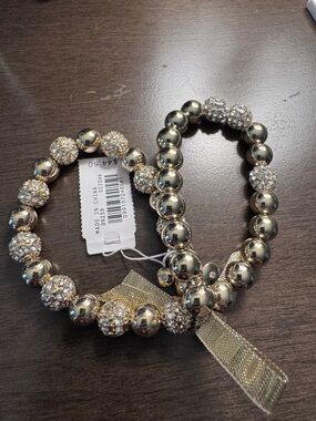 J. Crew Gold-Tone Pave & Bead Stretch Bracelet Duo